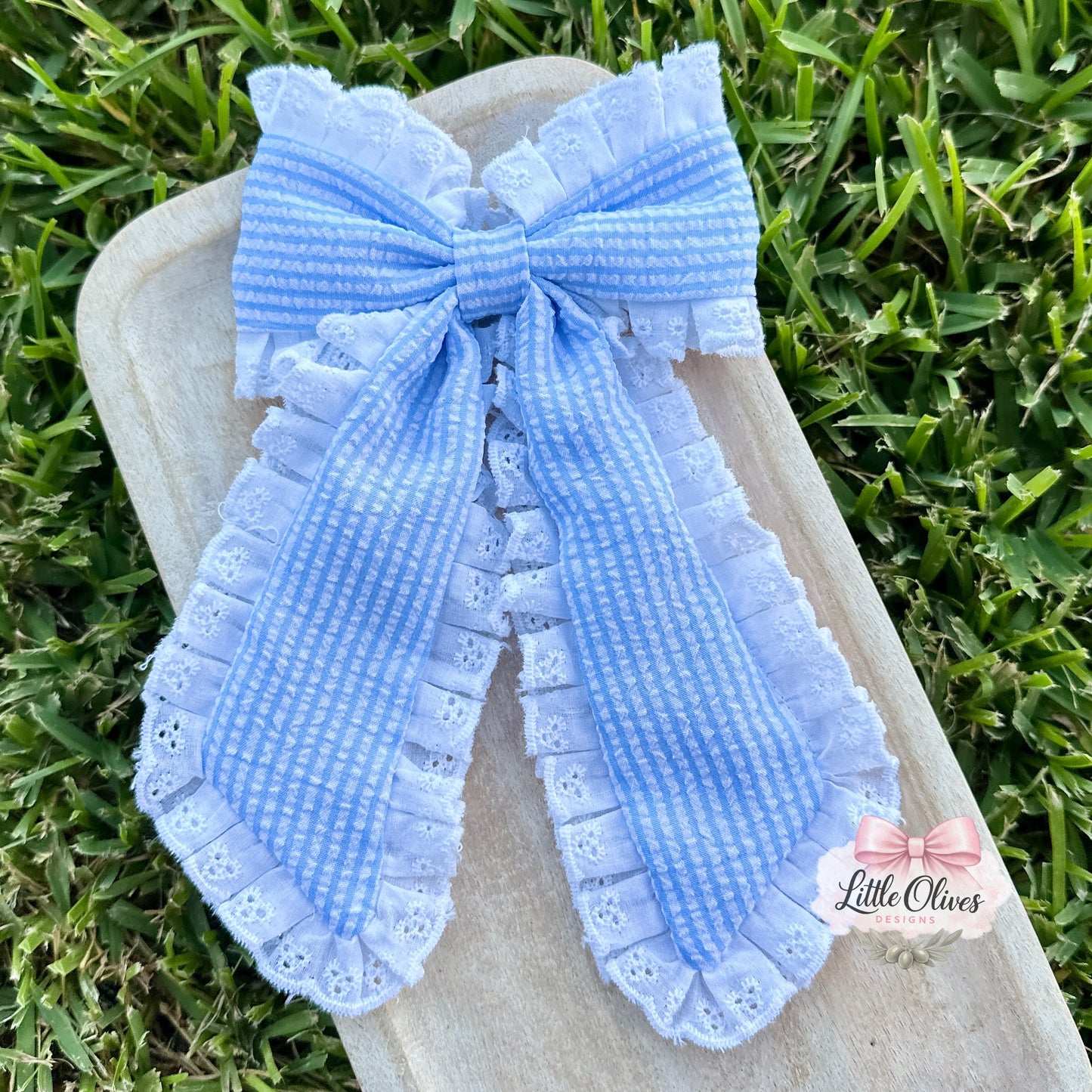 BLUE SEERSUCKER LONG SOPHIE BOW