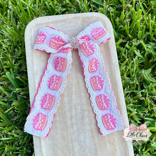 BIRTHDAY CAKE LACE & RIBBON BOW (PINK)