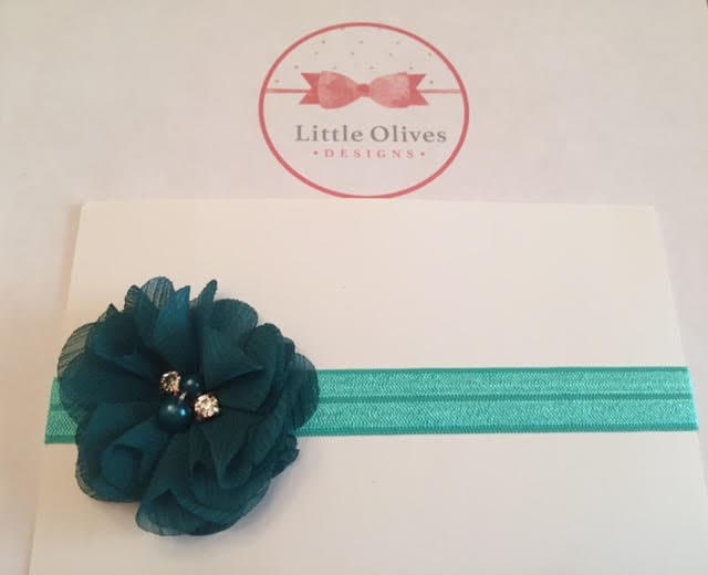 peacock color pearl and rhinestone chiffon flower with aqua band