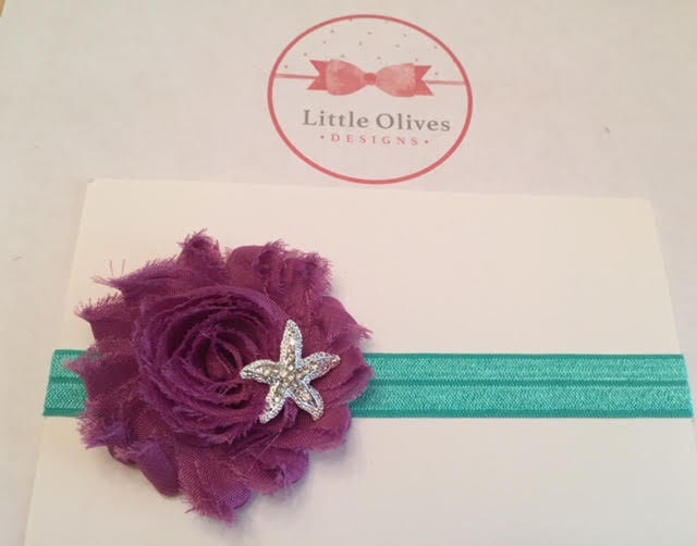 plum shabby flower with starfish rhinestone and aqua headband