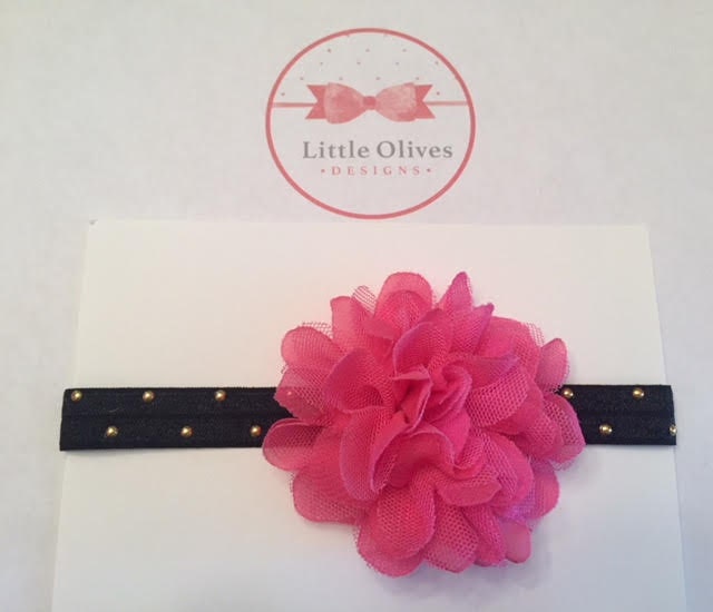 pink tulle/chiffon flower with black band and gold dots