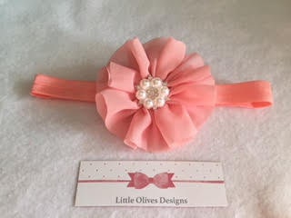 pink chiffon flower with pearl center and pink headband