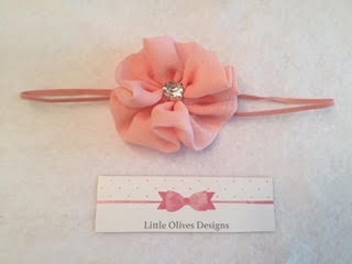 peachy pink chiffon flower with rhinestone center and skinny elastic headband