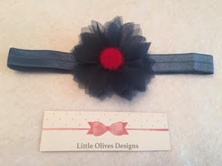 4th of July - small navy blue tulle flower with red center and navy blue headband