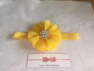 yellow chiffon ballerina flower with rhinestone center and yellow headband