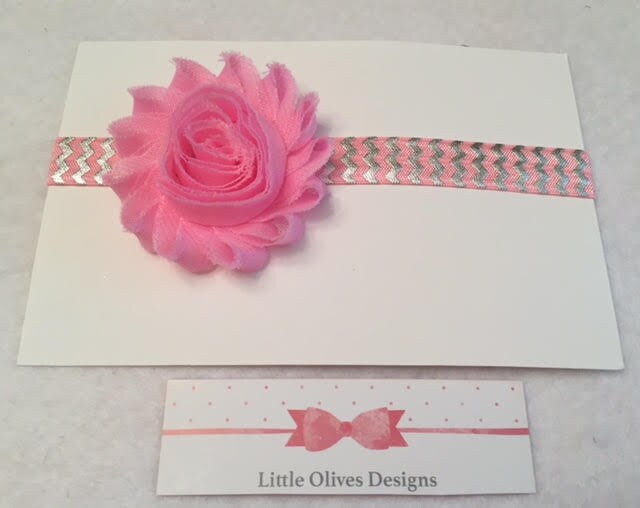 light pink shabby flower with pink and silver chevron headband