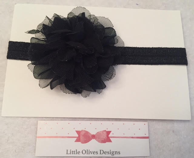 Black tulle and chiffon flower flower with black glitter headband