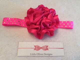 hot pink satin flower with hot pink and gold dots headband