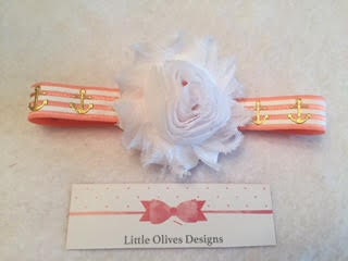 white flower with white and pink stripe anchor headband