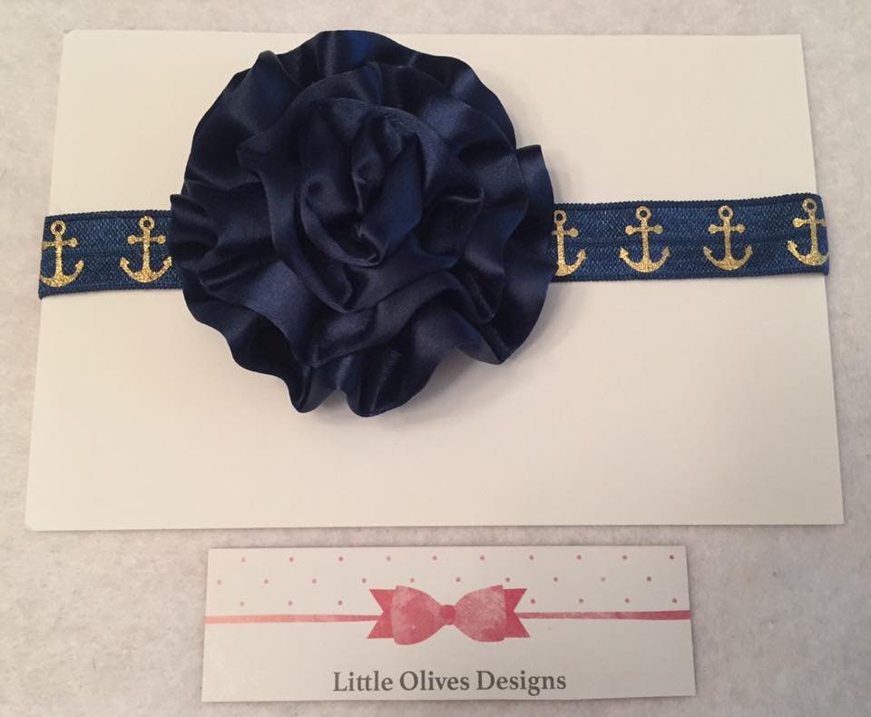 navy cabbage flower with navy and gold anchor headband