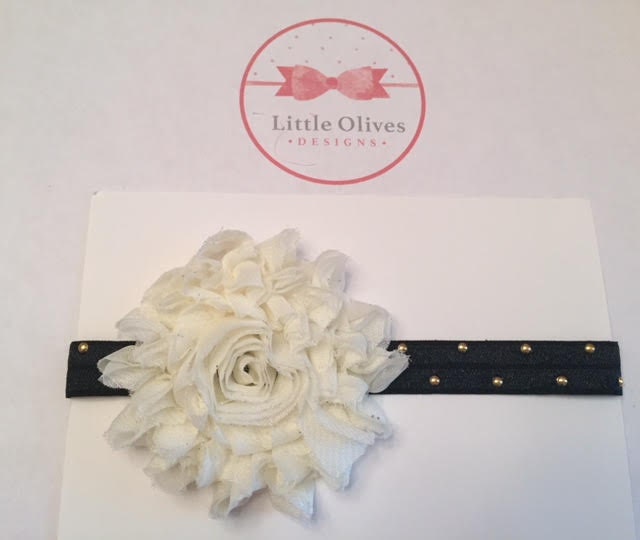 large shabby cream flower with glitter with black band and gold dots