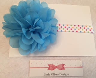 baby blue chiffon flower with rainbow dots headband