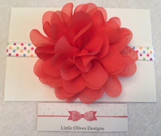 coral chiffon flower with rainbow dots headband