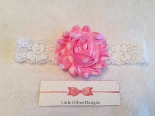 pink shabby flower with white polka dots and white lace elastic headband