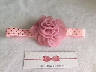 dusty rose chiffon flower with dusty rose and gold dots headband