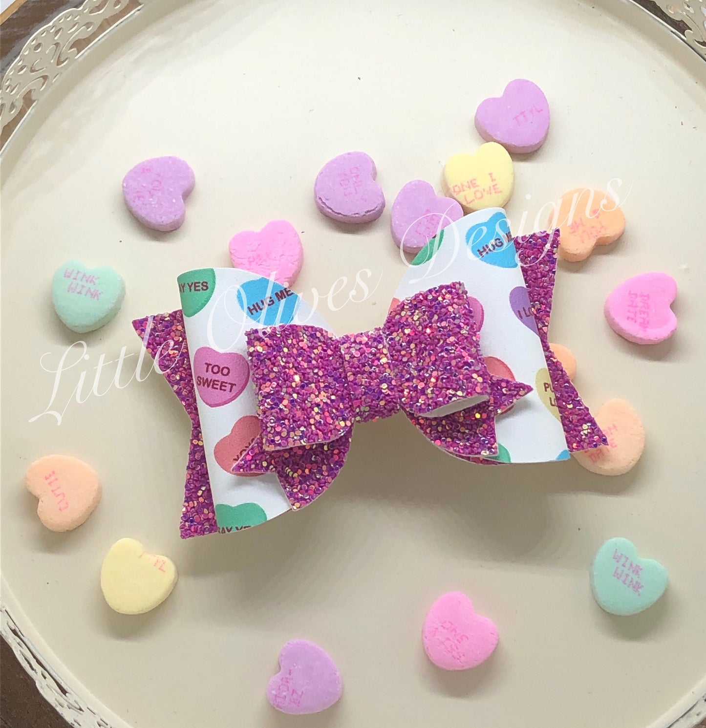 Valentine’s Day hair bow - conversation hearts hair bow