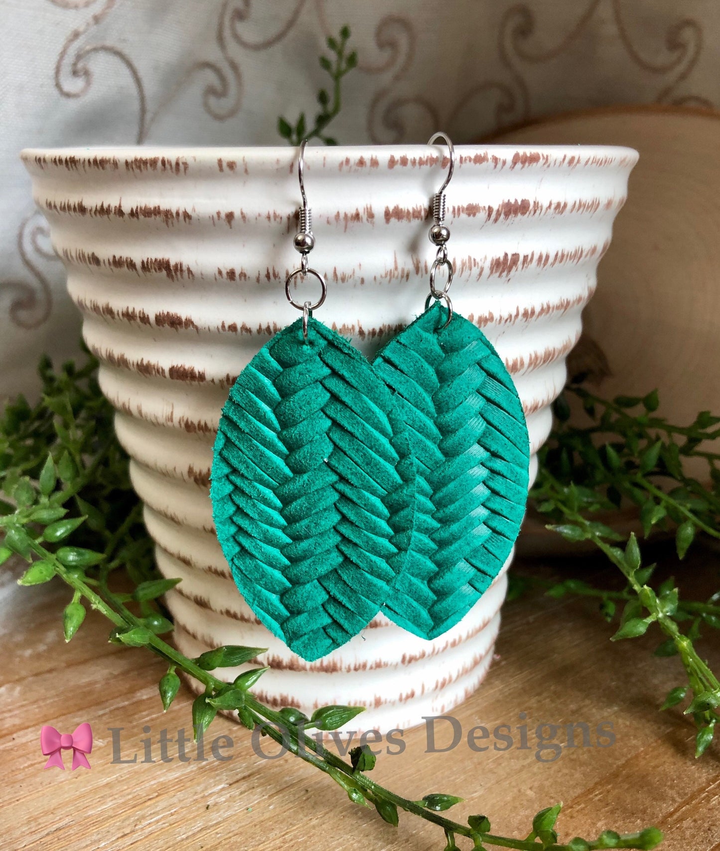 Emerald green genuine leather earrings- braided leather