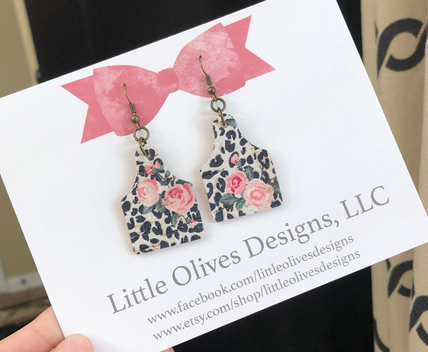 Rose and animal print mini cow tag earrings - genuine cork and leather