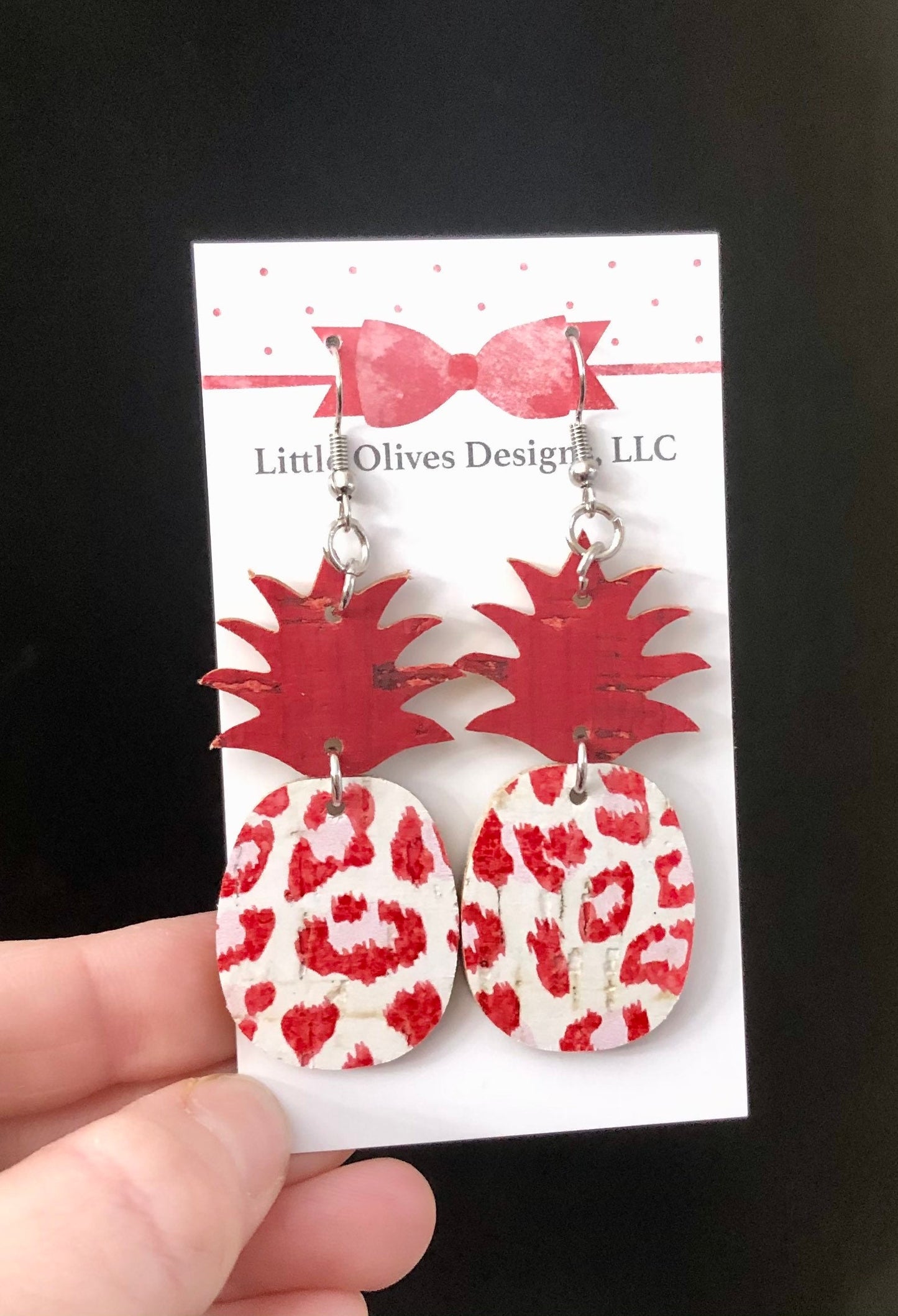 Pineapple earrings - red and pink cheetah pineapple earrings - red and pink leopard pineapple earrings - genuine cork and leather earrings