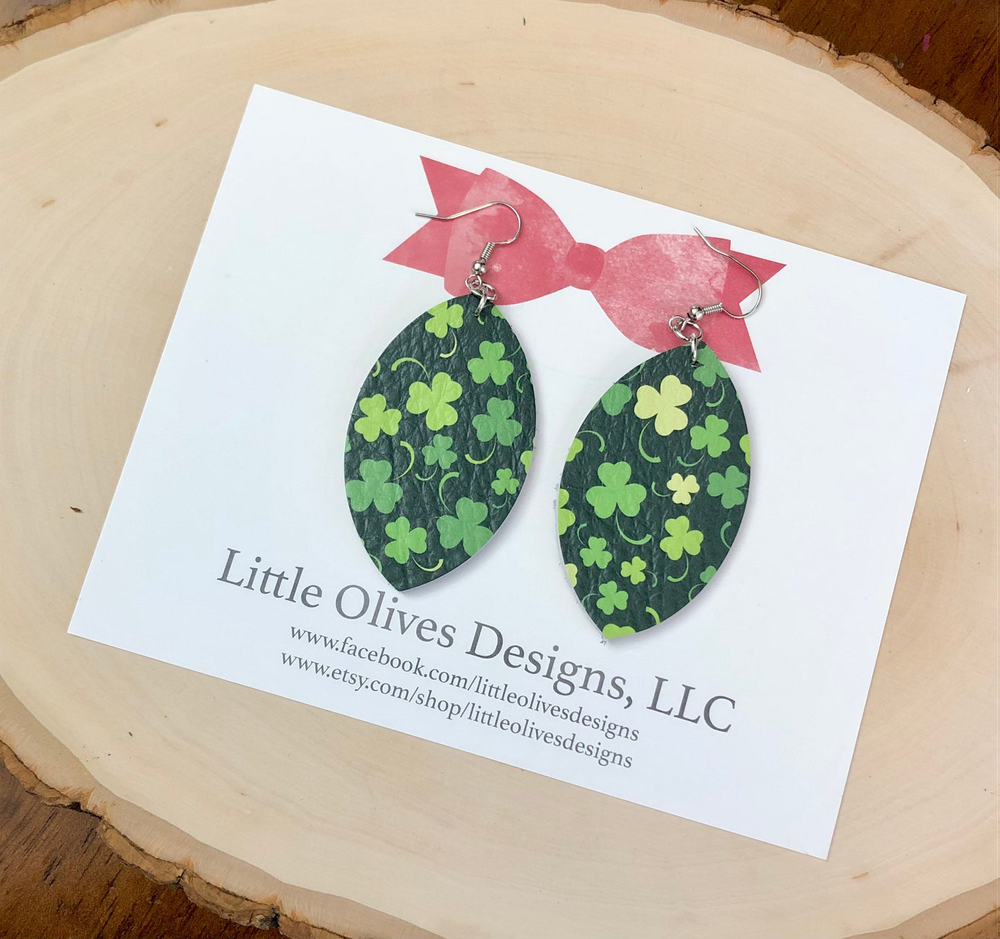 Green shamrock genuine leather earrings