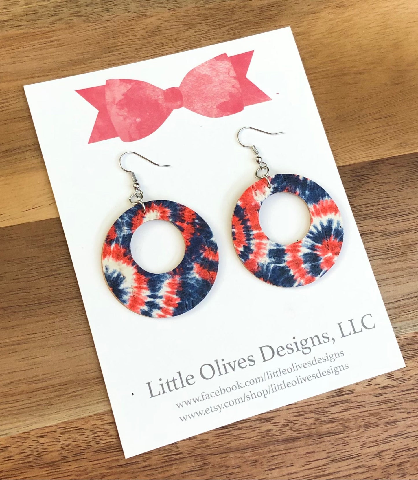 4th of july tie dye earrings - red, white and blue tie dye earrings - genuine cork earrings
