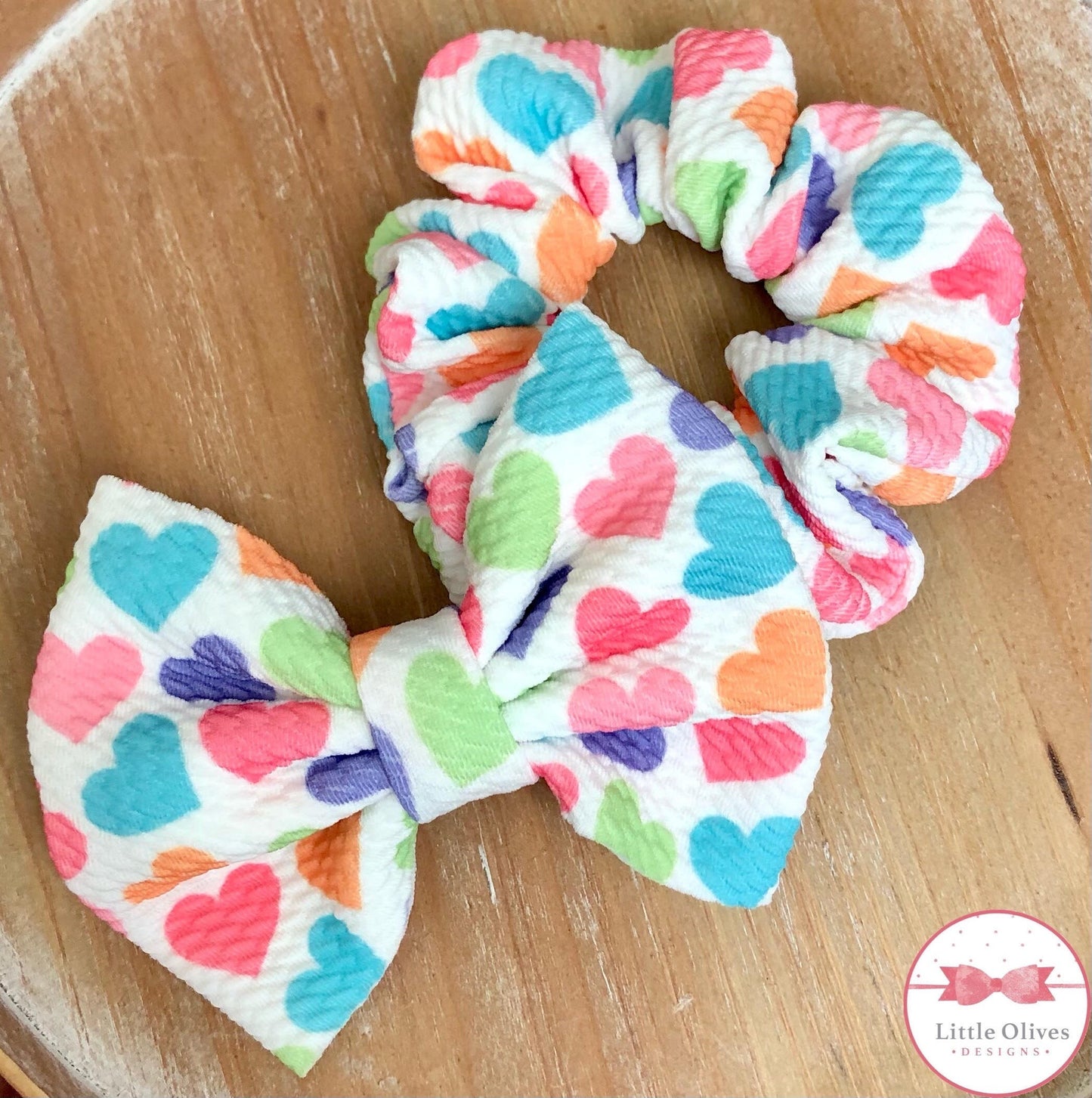 rainbow hearts fabric hair bow - rainbow hearts scrunchie