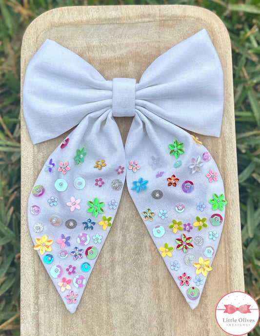 SPRING LINEN SEQUIN BOW - WHITE