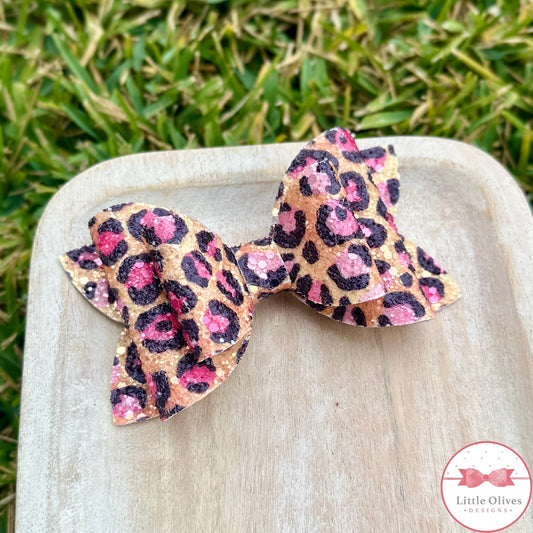 PINK LEOPARD GLITTER BOW
