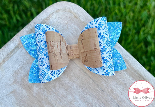 LIGHT BLUE TILE & CORK BOW