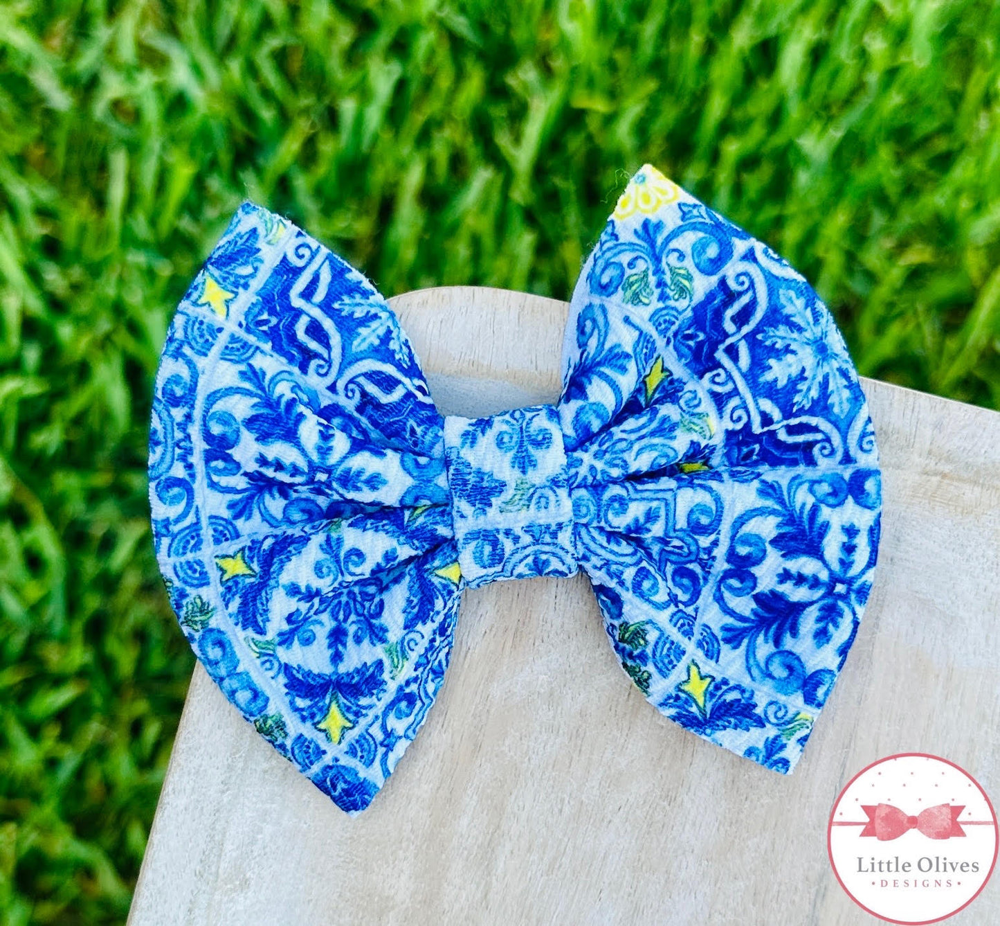 BLUE & YELLOW TILE BOW OR SCRUNCHIE