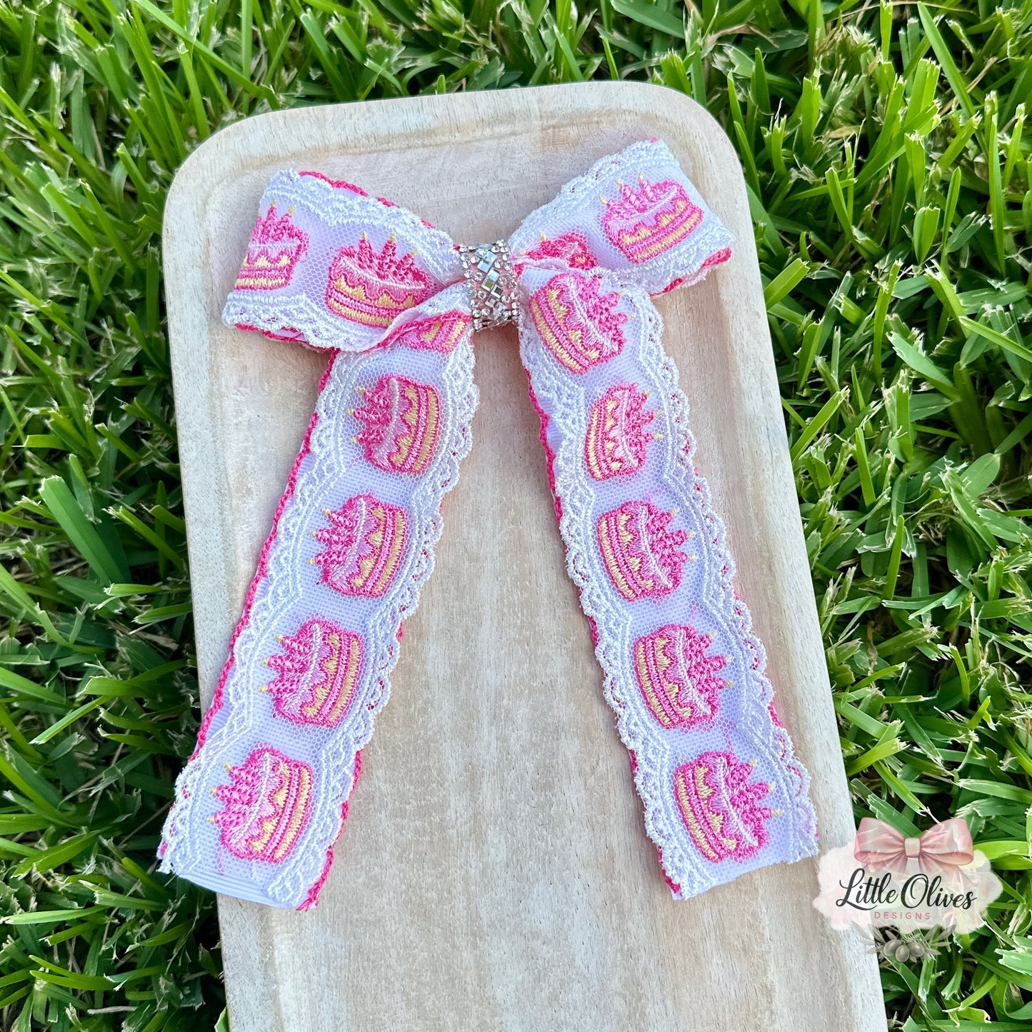 BIRTHDAY CAKE LACE & RIBBON BOW (PINK)