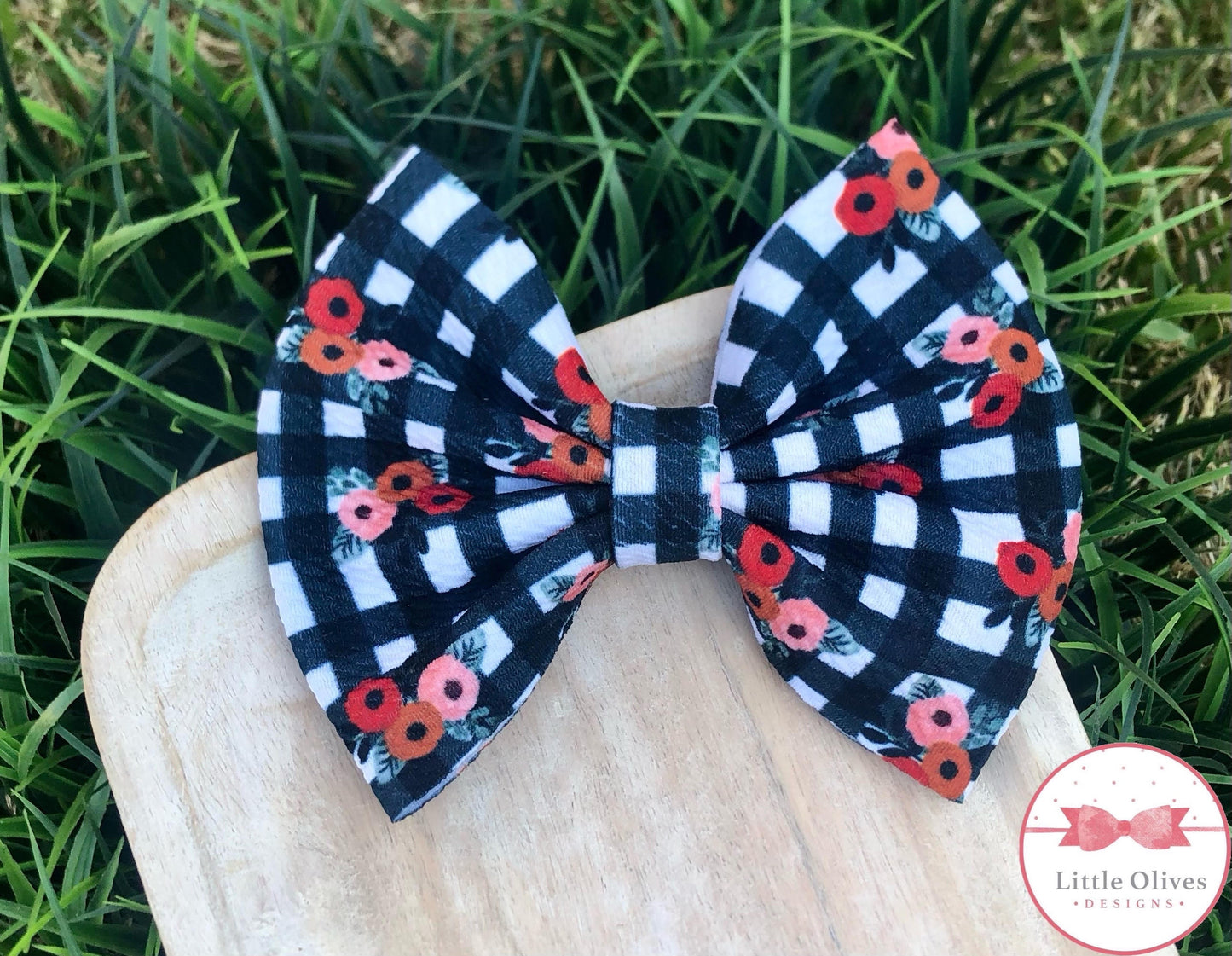 BLACK CHECKERED FLORAL BOW