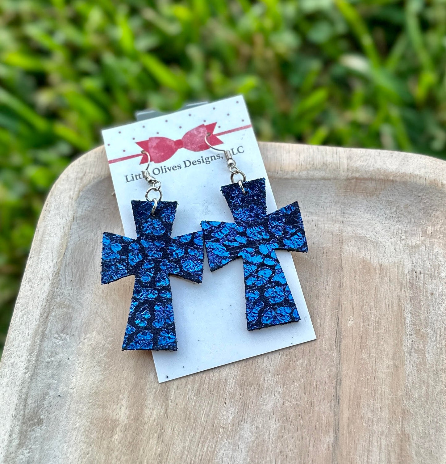 BLUE LEOPARD CROSS EARRINGS