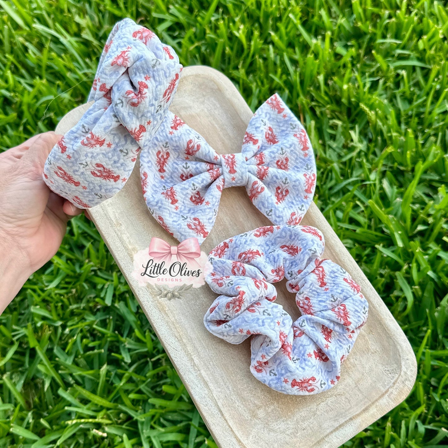 SEASIDE LOBSTER BOW, SCRUNCHIE OR HEADBAND