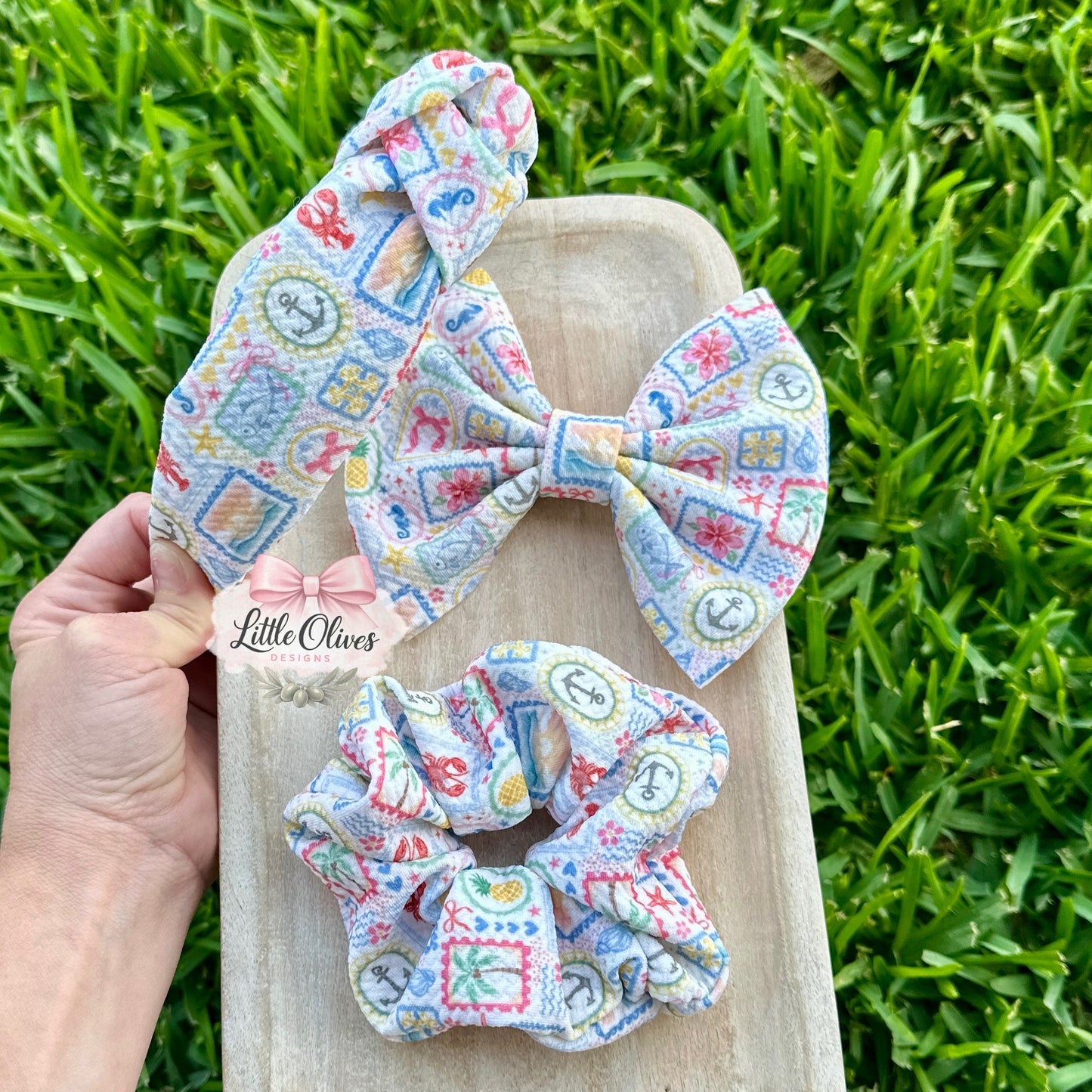 SEASIDE STAMPS BOW, SCRUNCHIE OR HEADBAND
