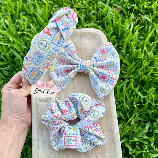 SEASIDE STAMPS BOW, SCRUNCHIE OR HEADBAND