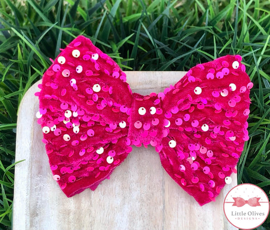 FUSCHIA VELVET SEQUIN BOW