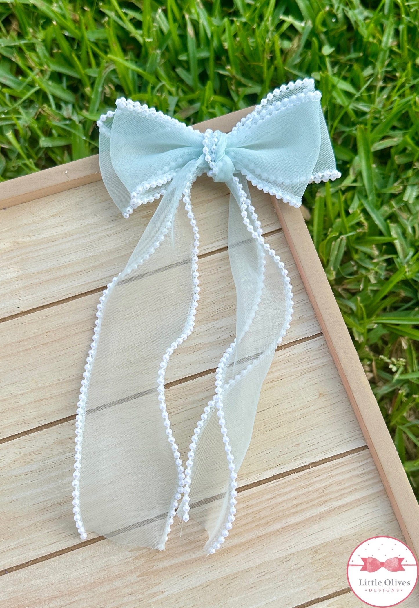 STACKED MINT PEARL TRIMMED ORGANZA BOW