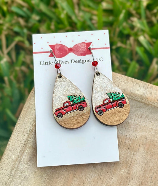 RED TRUCKS WOOD EARRINGS