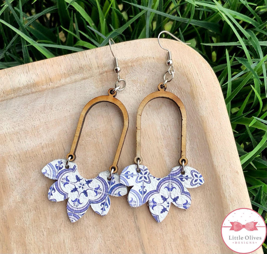 BLUE TILE LEATHER & WOOD EARRINGS