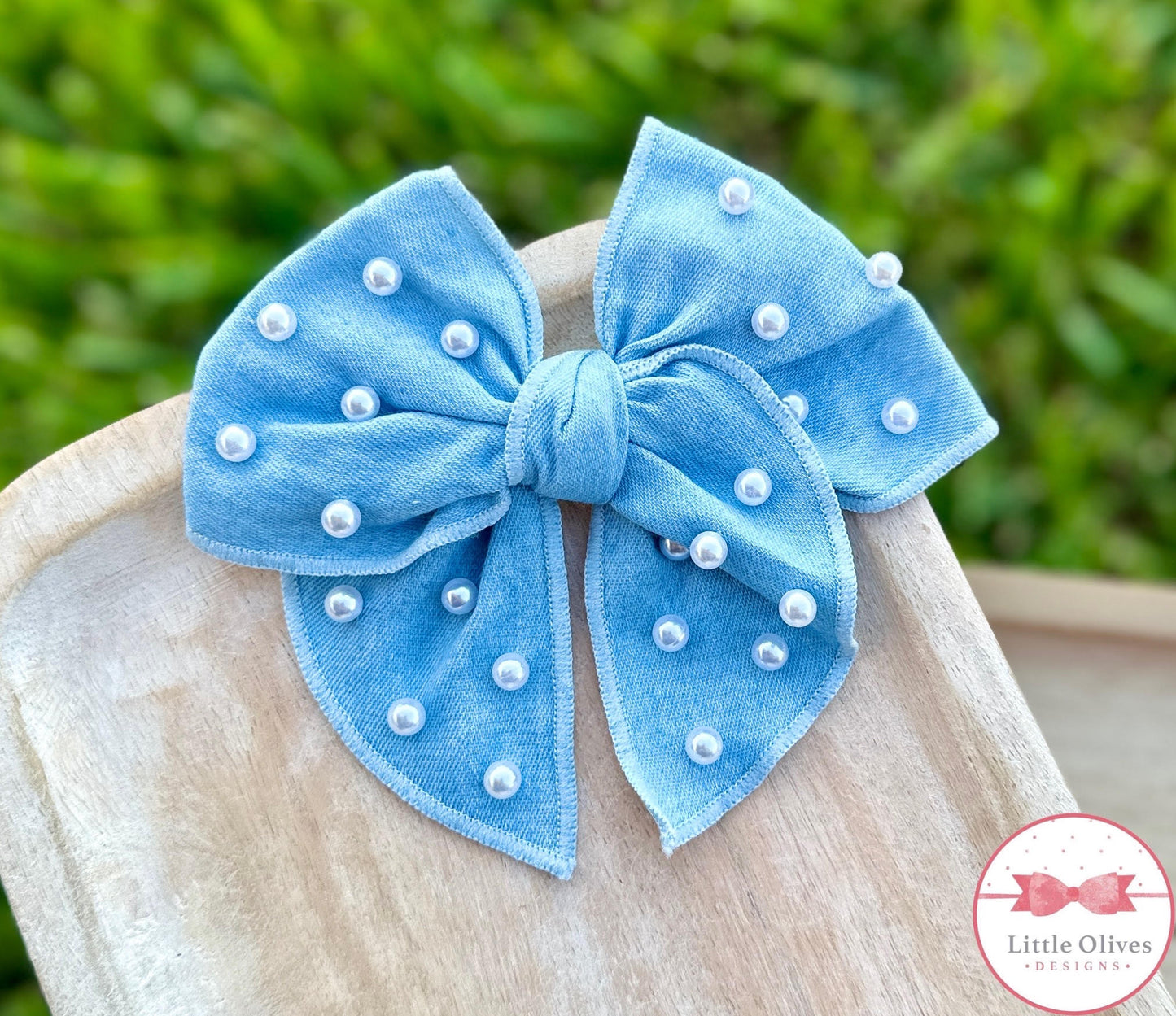 DENIM AND PEARLS HAND TIED BOW