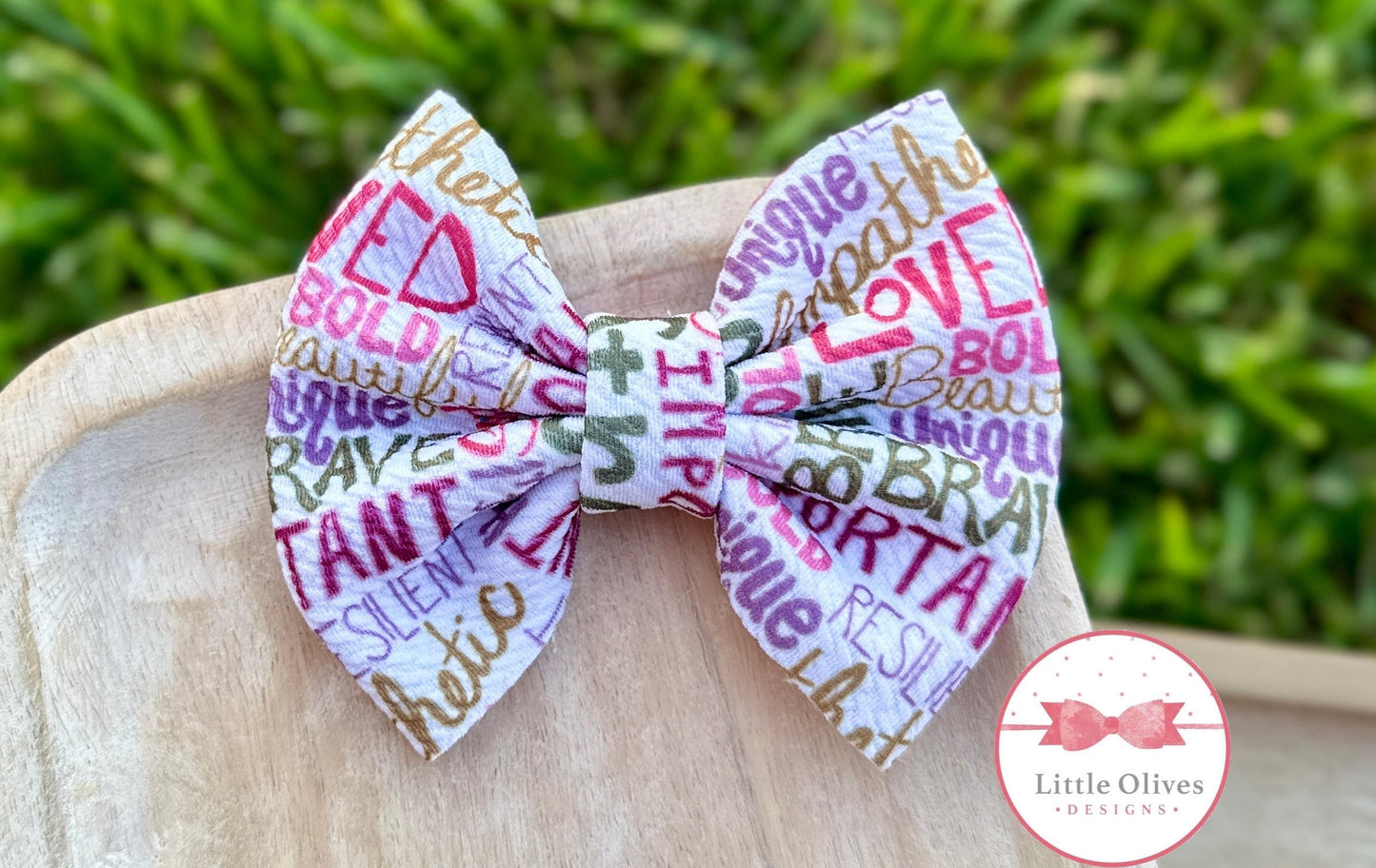 AFFIRMATION WORDS BOW OR SCRUNCHIE (PINK/OLIVE)