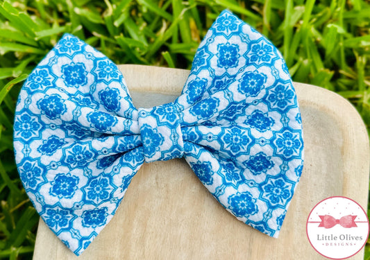 NEW BLUE TILE BOW OR SCRUNCHIE