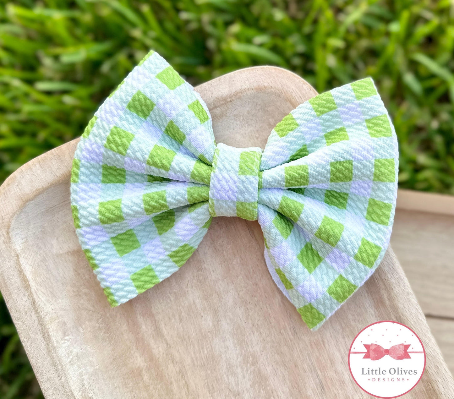 GREEN PLAID FABRIC BOW