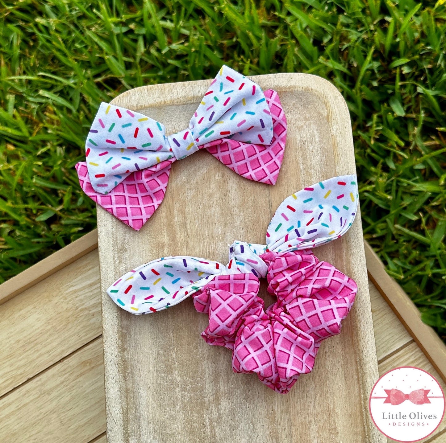 PINK CONE & SPRINKLES BOW OR SCRUNCHIE