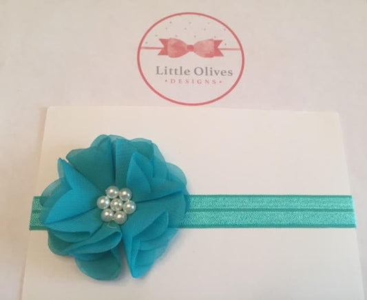 small aqua chiffon flower with pearl accents and aqua headband