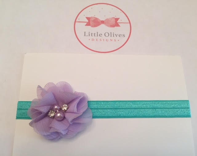 lavender pearl and rhinestone flower with aqua band