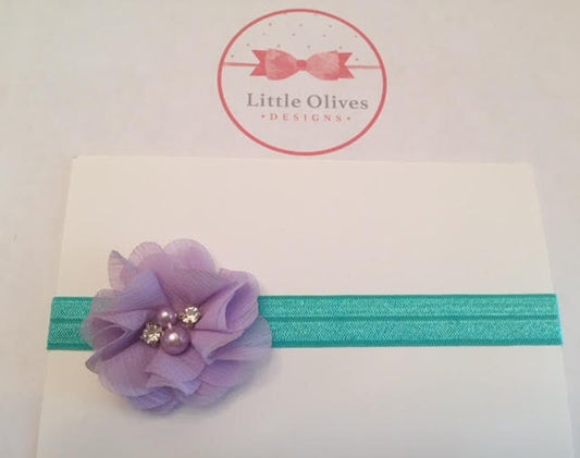 lavender pearl and rhinestone flower with aqua band