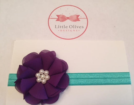 purple chiffon flower with pearl accent and aqua headband