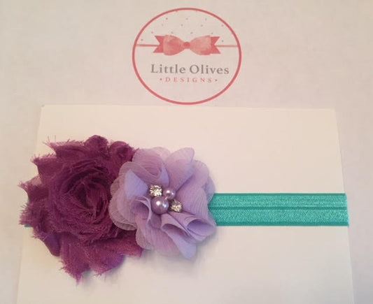 plum flower with lavender pearl/rhinestone chiffon flower with aqua headband